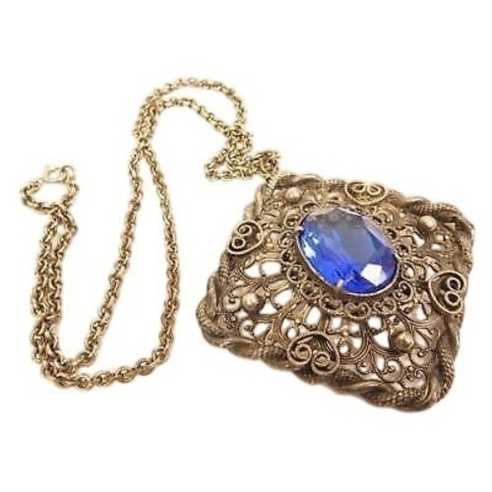 LARGE STUNNING FILIGREE SILVER PLATED BLUE RHINESTONE‎ VINTAGE PENDANT NECKLACE